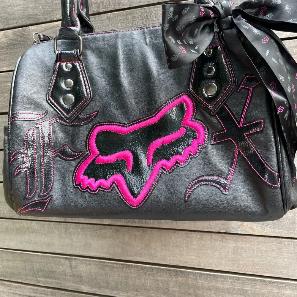 Vintage Fox Racing Purse 90s Black Pink Embroidered Satchel Bag Y2K Punk Bow